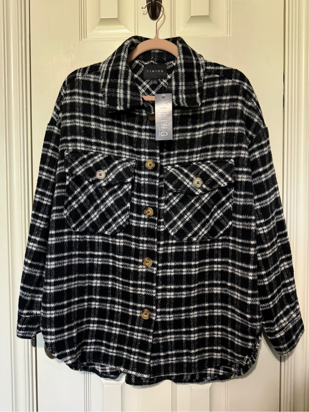 TIMING Black and White Plaid Shacket with Chest Pockets